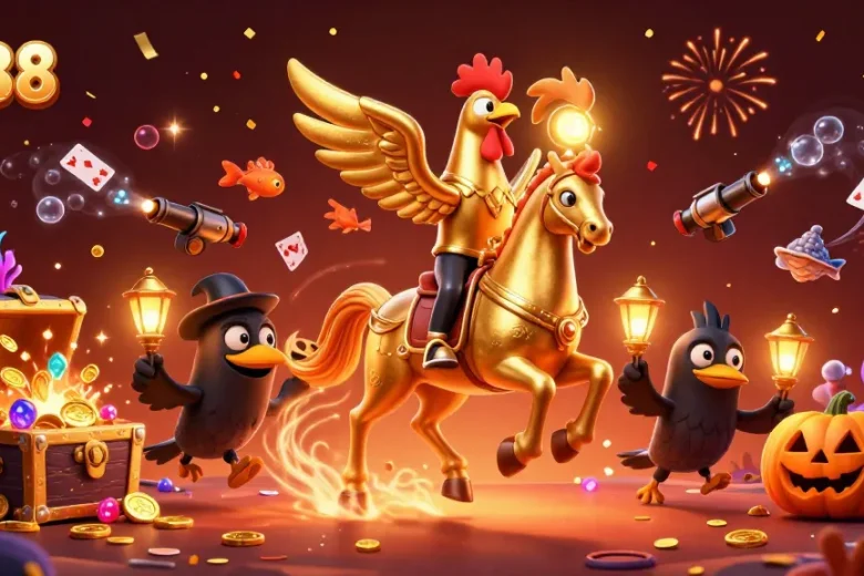 Engage with LV88 as golden rooster navigates a vibrant casino packed with treasures.