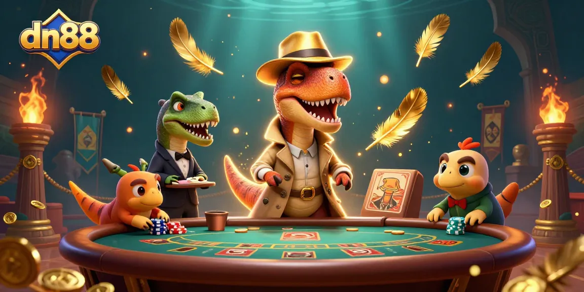Engage in thrilling gaming at dn88 with a velociraptor card counter and stegosaurus pit boss amidst vibrant casino elements.