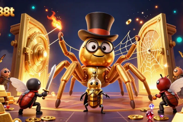 Engage with thrilling gameplay at one88t, featuring an adventurous beetle knight and golden tarantula in a rich casino setting.