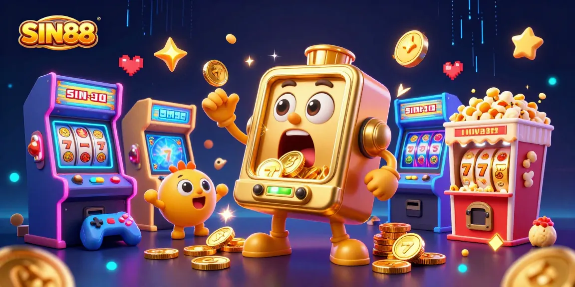 SIN88 slot machine winning jackpots amid cheering baby slots, filled with glowing arcade elements.
