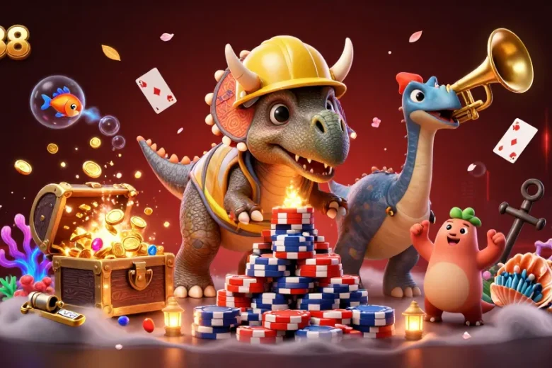 Engage in thrilling gameplay at QS88 with a lively triceratops celebrating a poker chips pyramid.
