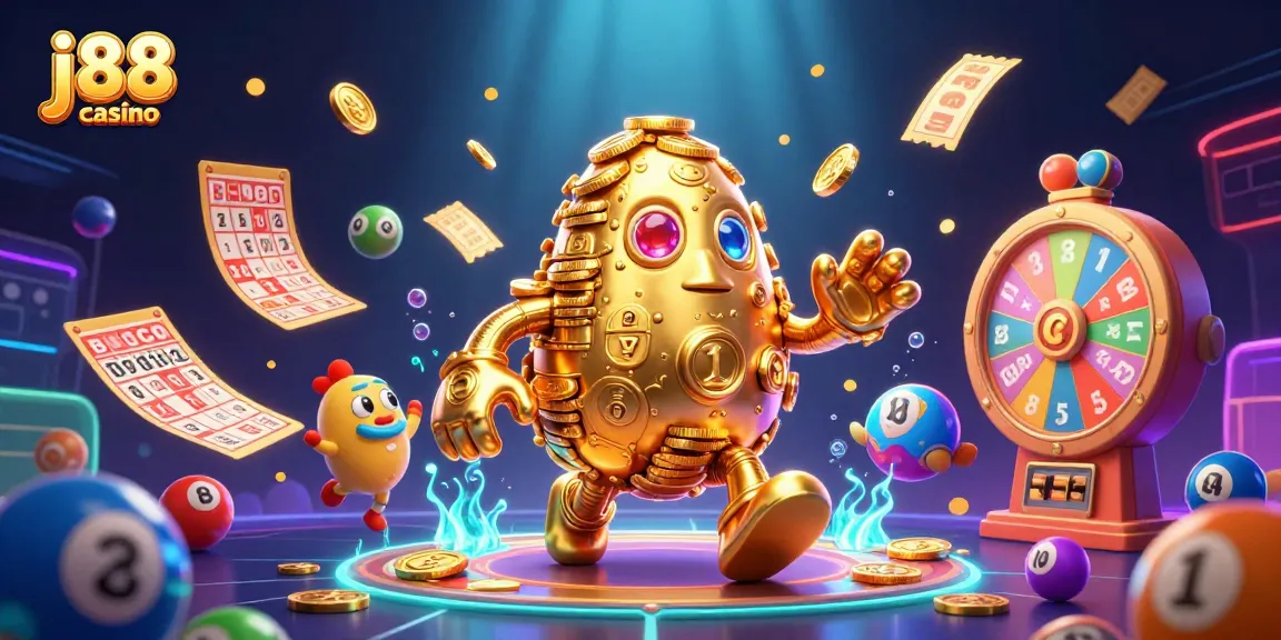 Capture the excitement of j88 casino with a vibrant illustration of a golden golem amidst dynamic gaming elements.