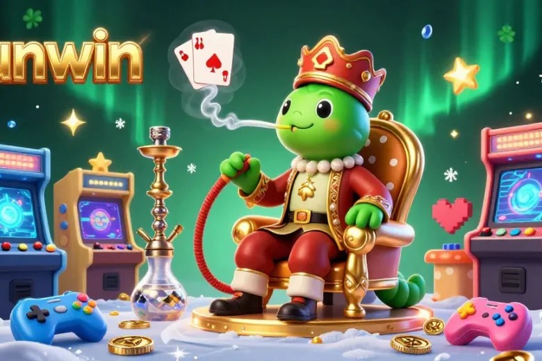 View the vibrant Sunwin gaming scene with a caterpillar hookah-master blowing poker symbols, showcasing arcade elements.