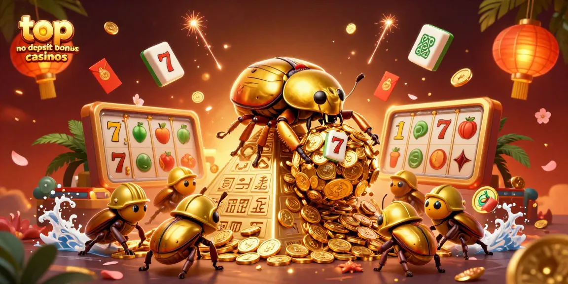 Experience the top no deposit bonus casinos through an enchanting 3D illustration of playful golden beetles in action.