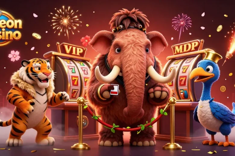 Aureon Casino animated scene with mammoth bouncer checking IDs, surrounded by festive gaming elements.