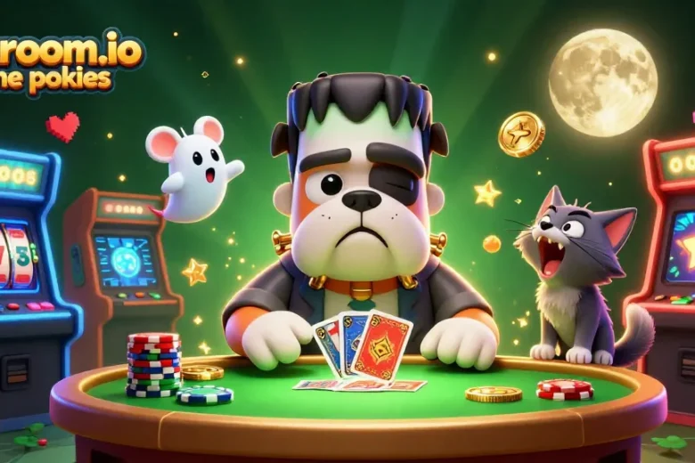 Enjoy thrilling jokaroom.io online pokies with vibrant 3D characters at a spooky casino table.