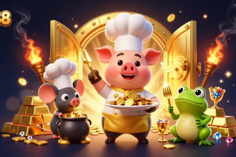 Experience U888's thrilling gaming scene with a delightful 3D chef pig serving gold coins.