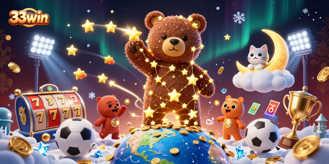Experience the thrill of 33win as the constellation bear scoops up coins in a vibrant casino scene.