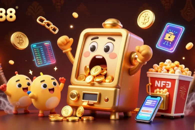 Experience excitement at gg88 with cartoon slot machines hitting jackpots amidst a vibrant casino atmosphere.