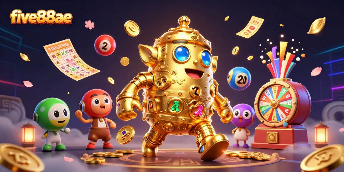 Engage with thrilling jackpots at five88ae, illustrated by a stunning golden golem surrounded by vibrant gaming symbols.