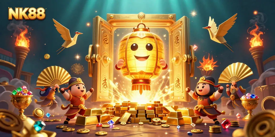 Win big with NK88 as golden spirits illuminate a vibrant casino scene filled with treasures.