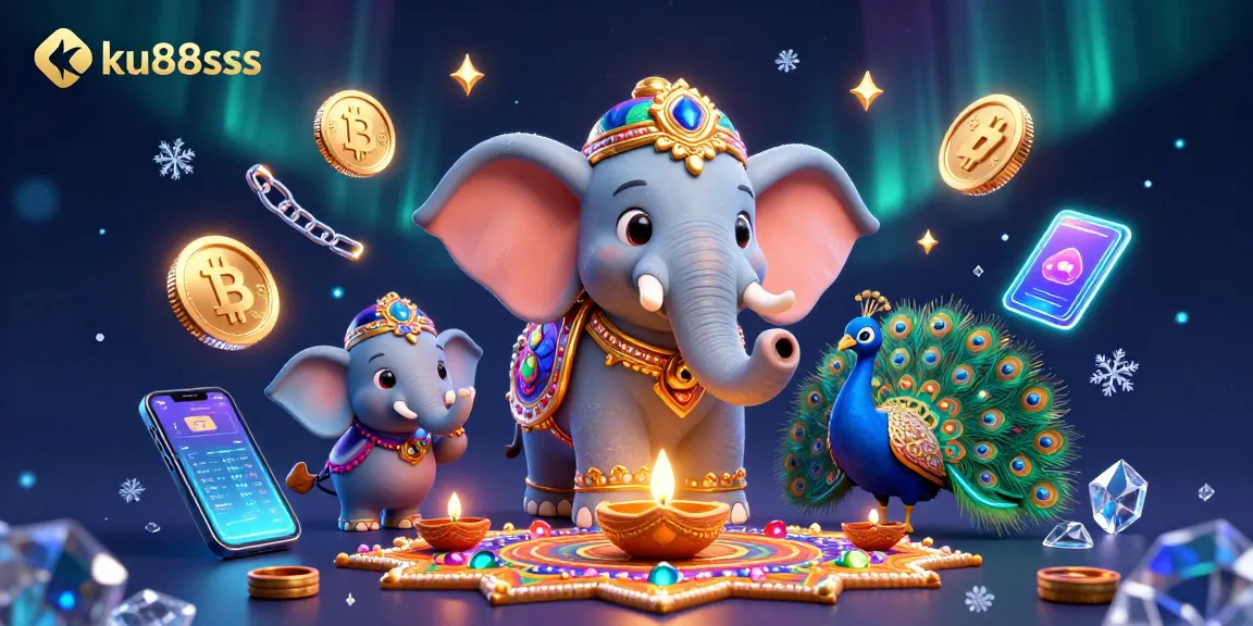 ku88sss players celebrate winnings with vibrant casino-themed illustrations, featuring a Diwali elephant and crypto elements.
