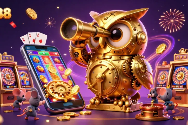 Experience thrilling adventures at DA88 with a magical owl in a vibrant casino scene.