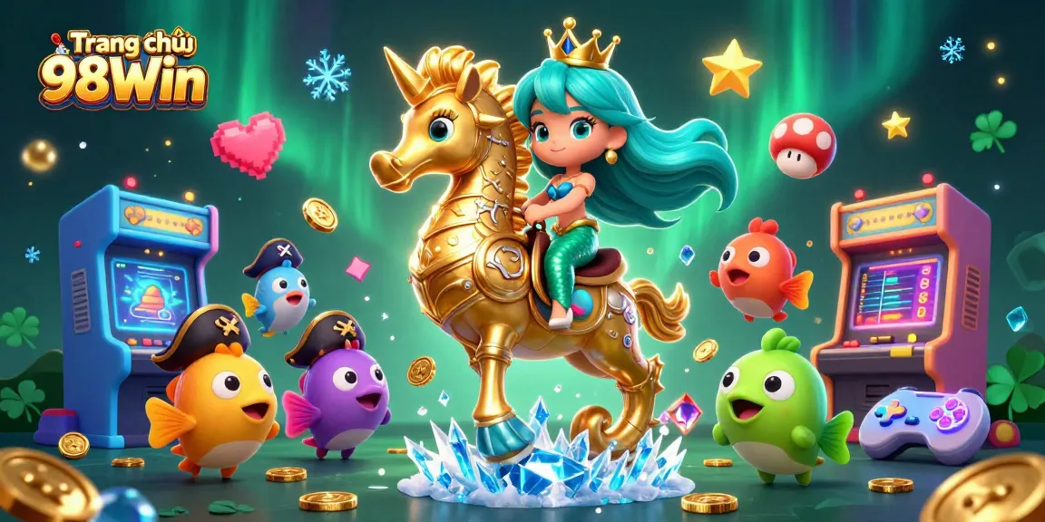 Experience excitement at Trang chủ 98Win with a vibrant casino-themed illustration featuring a mermaid and seahorse.
