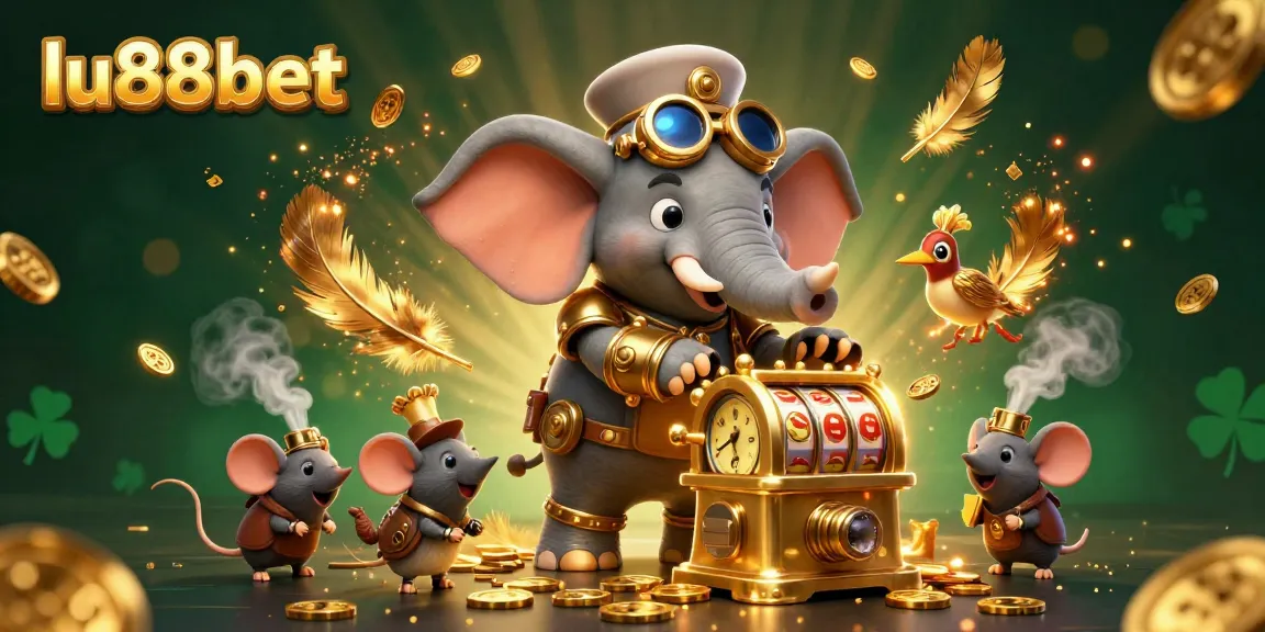 Experience the thrill of lu88bet as a steampunk elephant engages in animated slots with vibrant casino elements.
