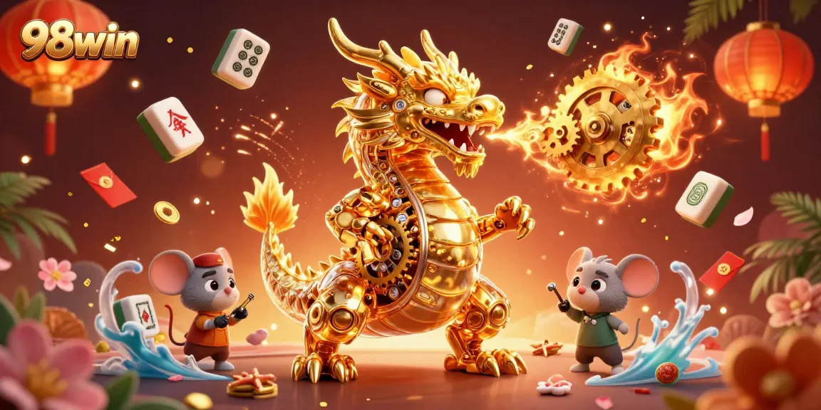 Experience thrilling gaming moments at 98win with a golden dragon and animated casino elements.