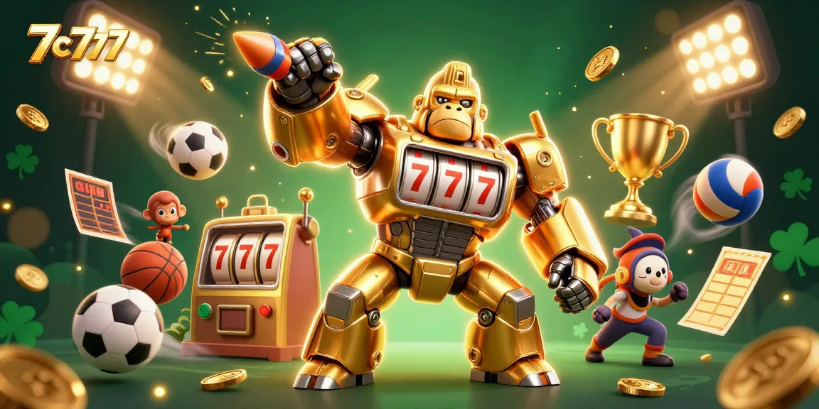 Experience thrilling gameplay with 7c7777 as a golden gorilla mech bursts through coins in this dynamic casino scene.