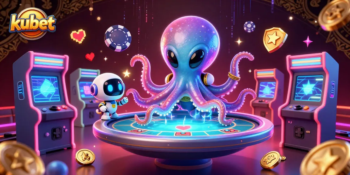Experience thrilling gameplay with kubet as a cartoon alien octopus engages in poker at a holographic table.