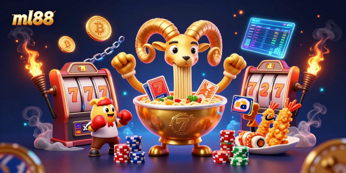 Engage in casino action with ml88 featuring vibrant character scene of a ramen bowl, sushi dealer, and cheerful shrimp.