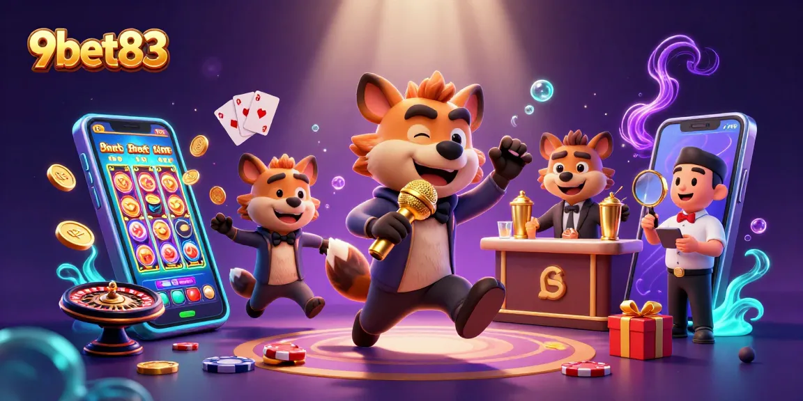 9bet83 hyenas run a comedy casino scene with vibrant colors and dynamic gaming elements
