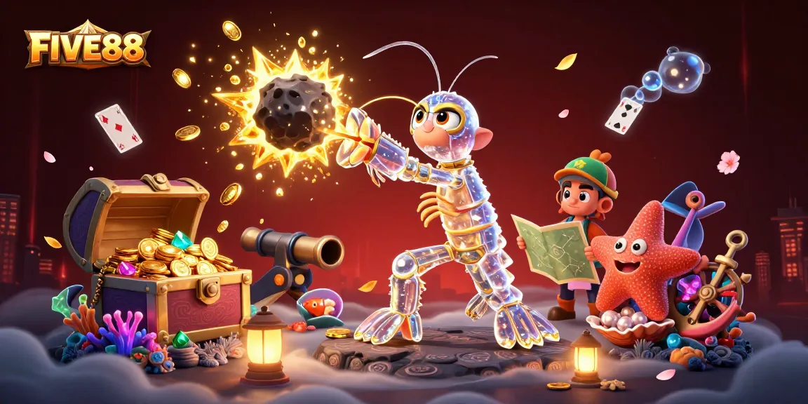 Experience the vibrant excitement of FIVE88 with underwater treasures and casino-themed characters.