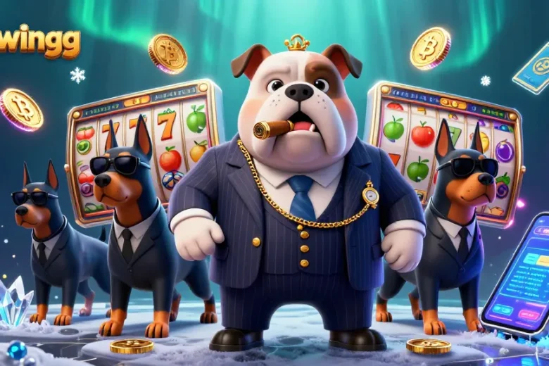 Engage with 789wingg's thrilling slots and jackpots showcased by a mafia boss bulldog in a vibrant 3D scene.