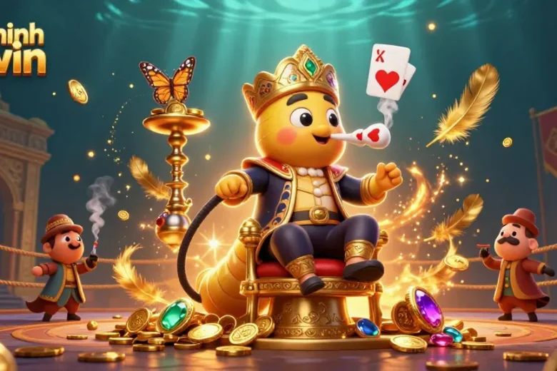 Experience the vibrant realm of liên minh okwin with a 3D illustration featuring a captivating caterpillar hookah-master amidst dazzling casino elements.
