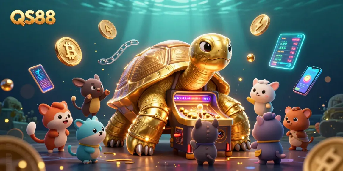 Experience the excitement of QS88 with a vibrant casino scene featuring a golden tortoise pinball machine.