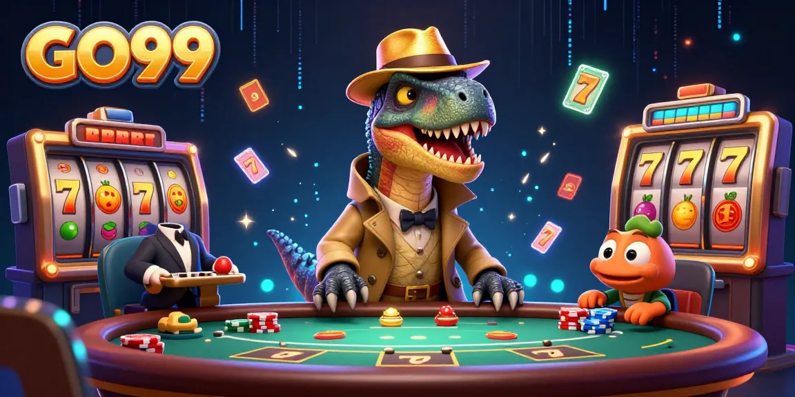 Experience the excitement of GO99 with a unique cartoon casino scene featuring vibrant characters.