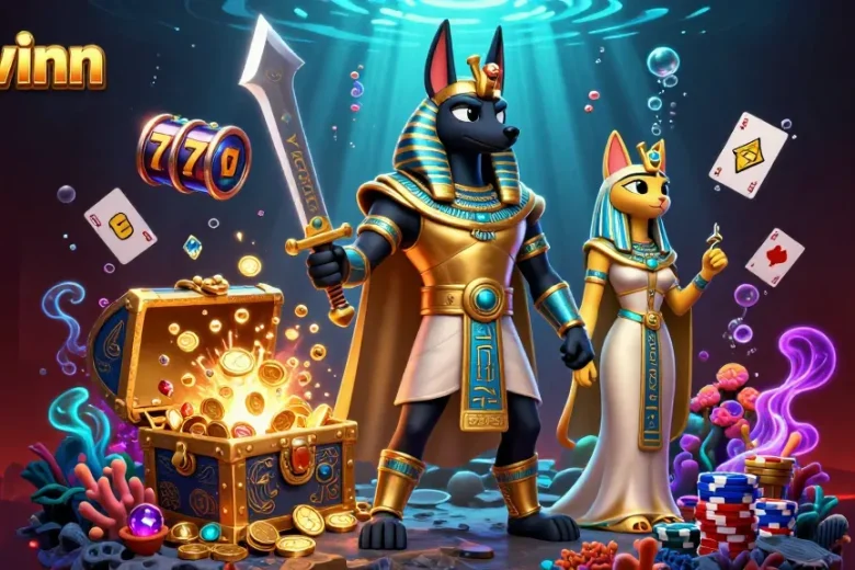 Engage with 33winn's vibrant 3D casino scene showcasing Anubis and Bastet amidst action-packed gaming elements.