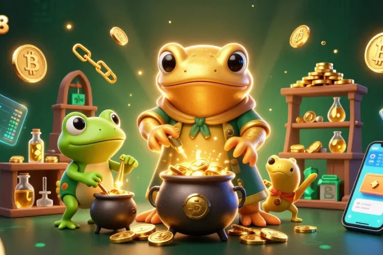 Immerse in TG88 COM's digital gaming magic with a golden alchemist and vibrant crypto elements.