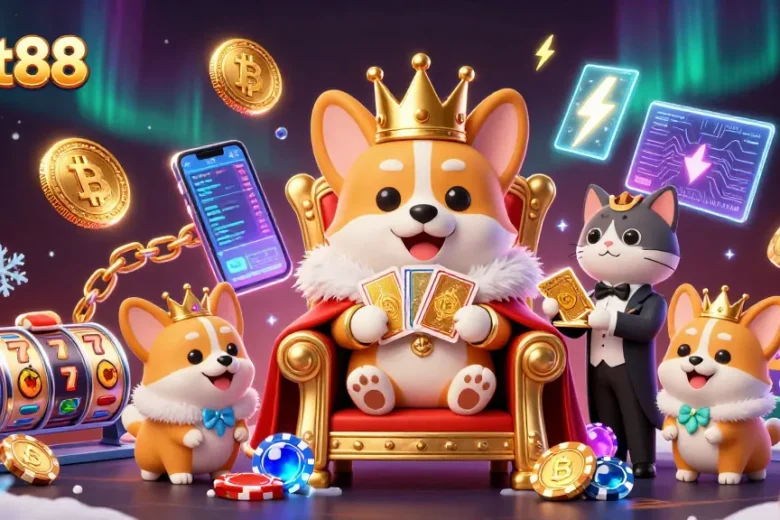 Experience bet88 with a corgi royal surrounded by animated casino elements in vibrant 3D.